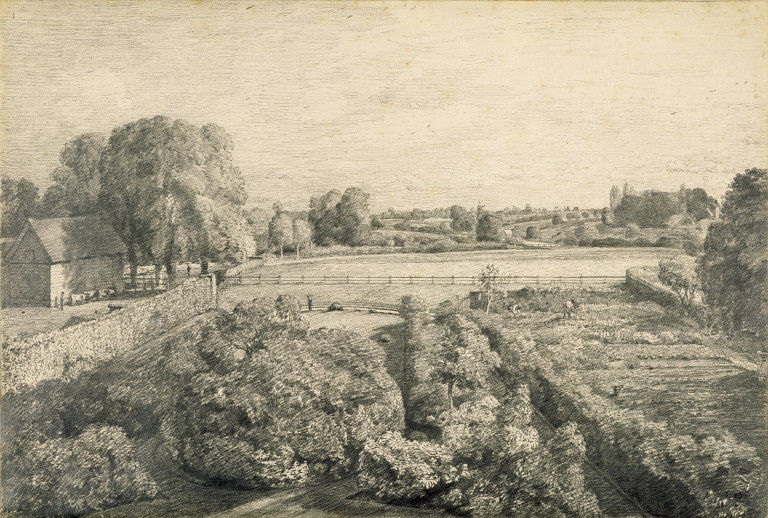 View at East Bergholt over the kitchen garden of Golding Constable's house<br>1812-16, detailed sketch of a farmhouse with fields. V&A<br />